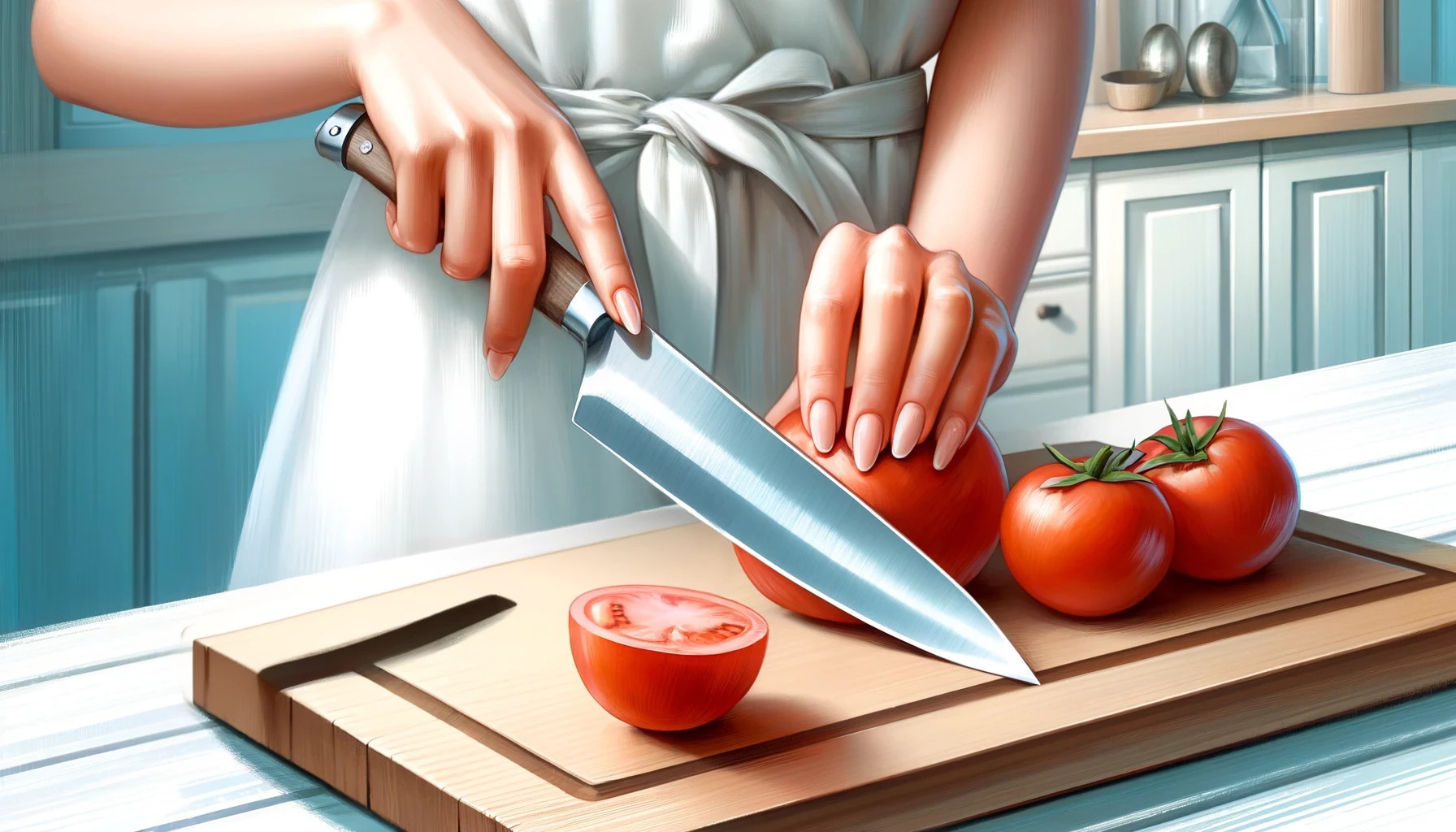 家庭用三徳包丁トマトを切る様子